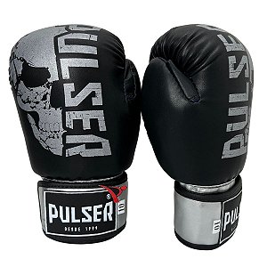 Luva de Boxe / Muay Thai 10oz PU - Preto com Prata Caveira - Pulser
