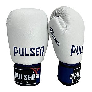 Luva de Boxe / Muay Thai 10oz Couro Legitimo - Branco com Azul Profissional - Pulser