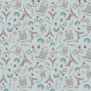 Sintético Corano Estampado Romantic Paris Azul (6442) - 1,40Mt de Largura