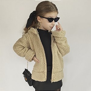 Casaquinho Infantil Teddy Orelhinha Off Nude e Rosa Menina 04 ao 10 Anos