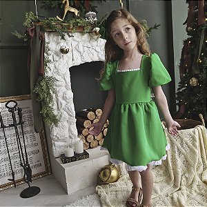 Vestido Festa Verde e Branco Infantil Menina 04 ao 12 Anos Longo