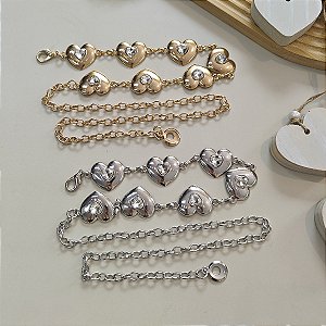 Cinto Corações Pedras Prata e Dourado