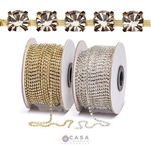 CORRENTE DE STRASS EM ACRÍLICO - OURO - ROLO C/10 METROS