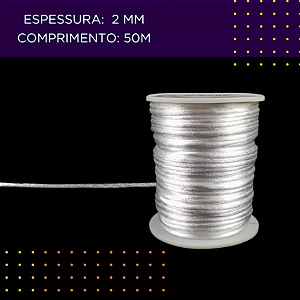 Cordão Acetinado Rabo de Rato - Fio de Seda - 2mm - Rolo C/50 Mts Cor:BRANCO