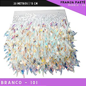 Franja de Paete Irisado Premium c/ lantejoula folhas - Ref:06 - Rolo C/ 9.10 mts COR:BRANCO