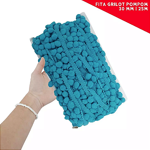 Fita Grelot Pom-Pom Em Metro - 30mm - Rolo C/ 25 Mts. COR: TURQUESA-ESCURO-349
