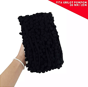 Fita Grelot Pom-Pom Em Metro - 30mm - Rolo C/ 25 Mts. COR: PRETO-310