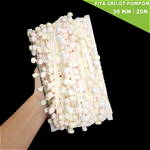 Fita Grelot Pom-Pom Em Metro - 30mm - Rolo C/ 25 Mts. COR: MULT-PASTEL