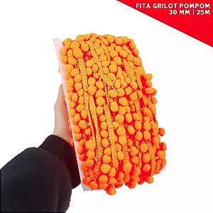 Fita Grelot Pom-Pom Em Metro - 30mm - Rolo C/ 25 Mts. COR: LARANJA-NEON-01