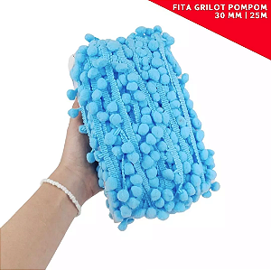 Fita Grelot Pom-Pom Em Metro - 30mm - Rolo C/ 25 Mts. COR: AZUL-TURQUESA-199