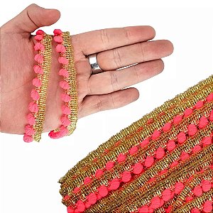 Fita Grelot Pompom Ouro - Passamanaria 10mm - Rolo C/ 25 Mts COR: ROSA-NEON-03