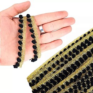Fita Grelot Pompom Ouro - Passamanaria 10mm - Rolo C/ 25 Mts COR: PRETO-310