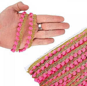 Fita Grelot Pompom Ouro - Passamanaria 10mm - Rolo C/ 25 Mts COR: PINK-312