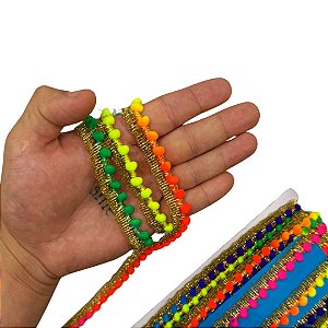 Fita Grelot Pompom Ouro - Passamanaria 10mm - Rolo C/ 25 Mts COR: MULT-ESCURO-1