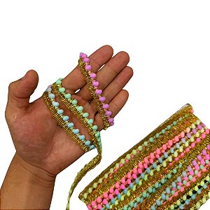 Fita Grelot Pompom Ouro - Passamanaria 10mm - Rolo C/ 25 Mts COR: MULT-CLARO-2