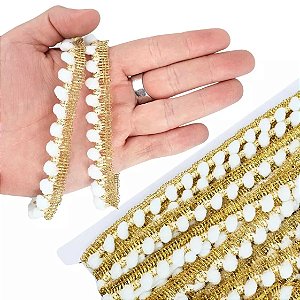 Fita Grelot Pompom Ouro - Passamanaria 10mm - Rolo C/ 25 Mts COR: BRANCO-101