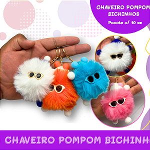 10 Chaveiros Pompom Bichinhos Fofos - Pelúcia C/ Óculos | P/ Mochila, Bolsa e Presentes