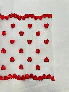 Renda Tule Bordado Coração - Tam: 19cm - Rolo C/ 13.7 Mts Cor:Rubi-146