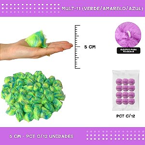 12 Unid. - Pom Pom Pelucia - 50mm COR: MULT-11 (VERDE/AMARELO/AZUL)