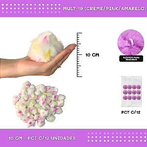 Pom Pom Pelucia - 100mm (10Cm) - Pct C/12 Unid. COR: MULT-19 (CREME/PINK/AMARELO)