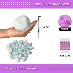Pom Pom Pelucia C/Elastico - 100mm (10Cm) - Pct C/25 Unid. COR: MULT-10 (BRANCO/AZUL)