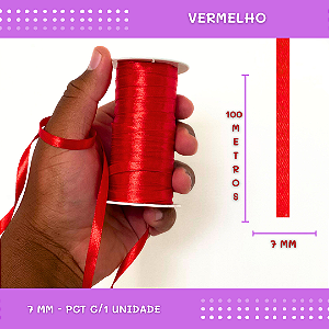 Fita de Cetim Lisa - 7mm - Rolo C/100 Metros COR: VERMELHO