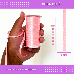 Fita de Cetim Lisa - 7mm - Rolo C/100 Metros COR: ROSA-BEBE
