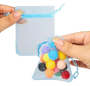 Kit 100 Saco De Organza P/ Lembrancinha - 7x9 - C/ Fita De Cetim Cor:Azul-Bebe-177