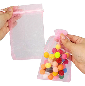 Kit 100 Saco De Organza P/ Lembrancinha - 10x15 - C/ Fita De Cetim Cor:Rosa-Bebe-132