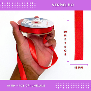 Fita de Cetim Lisa - 15mm - Rolo C/50 Mts COR:VERMELHO