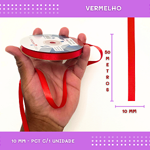 Fita de Cetim Lisa - 10mm - Rolo C/50 Mts COR:VERMELHO