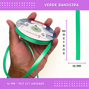 Fita de Cetim Lisa - 10mm - Rolo C/50 Mts COR:VERDE-BANDEIRA