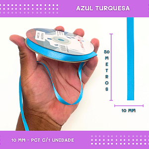Fita de Cetim Lisa - 10mm - Rolo C/50 Mts COR:AZUL-TURQUESA