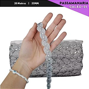 Fita Galão Passamanaria - 20mm - Ref:Galao-01 - Rolo C/20 Mts Cor:Prata