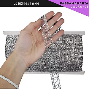Fita Galão Passamanaria - 25mm - Ref:Galao-31 - Rolo C/20 Mts Cor:Prata