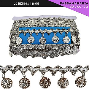 Fita Galão Passamanaria Moeda Cigana 35mm - Galao-72 - Rolo C/20 Mts Cor:Prata