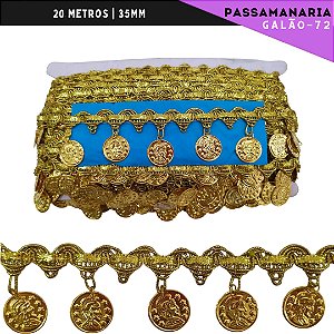 Fita Galão Passamanaria Moeda Cigana 35mm - Galao-72 - Rolo C/20 Mts Cor:Ouro