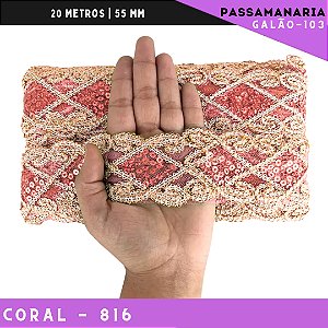Fita Galão Passamanaria Ref:Galao-103 -55mm - Rolo C/20 Mts Cor:Coral-816