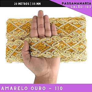 Fita Galão Passamanaria Ref:Galao-103 -55mm - Rolo C/20 Mts Cor:Amarelo-Ouro-110
