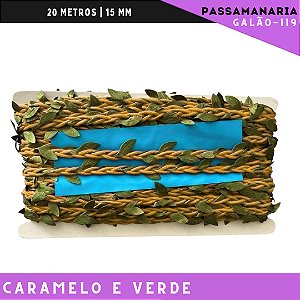 Fita De Passamanaria Corda Trançada C/Folhas Galao-119 - Rolo C/20 Mts Cor:Caramelo/Verde-Oliva-267/254