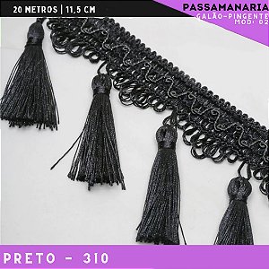 Galão de Franja Pingente Tassel Luxo Premium - Rolo c/20 mts - 11.5 cm - Grade de Cores COR:PRETO-310