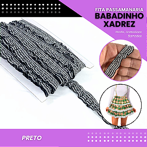 Fita Passamanaria Babadinho Xadrez Elástica - 18mm - Rolo C/13.7 Mts COR:PRETO
