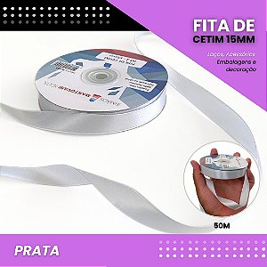 Fita de Cetim Lisa - 15mm - Rolo C/50 Metros COR:PRATA