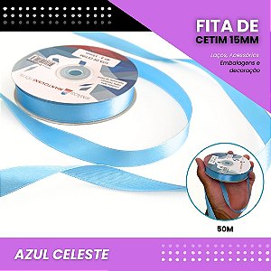 Fita de Cetim Lisa - 15mm - Rolo C/50 Metros COR:AZUL-CELESTE