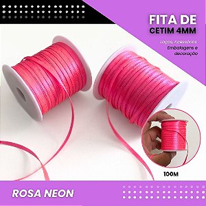 Fita de Cetim Lisa - 4mm - Rolo C/100 Metros COR:ROSA-NEON