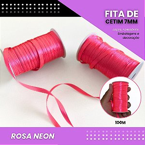 Fita de Cetim Lisa - 7mm - Rolo C/100 Metros COR:ROSA-NEON