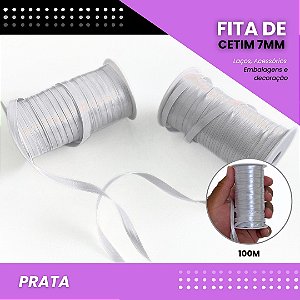 Fita de Cetim Lisa - 7mm - Rolo C/100 Metros COR:PRATA