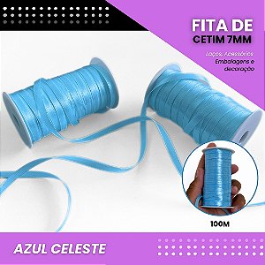 Fita de Cetim Lisa - 7mm - Rolo C/100 Metros COR:AZUL-CELESTE