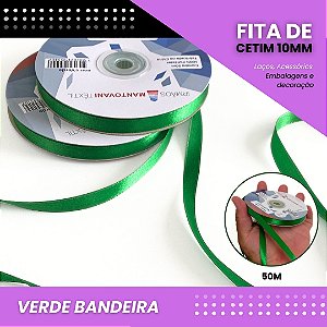 Fita de Cetim Lisa - 10mm - Rolo C/50 Metros COR:VERDE-BANDEIRA