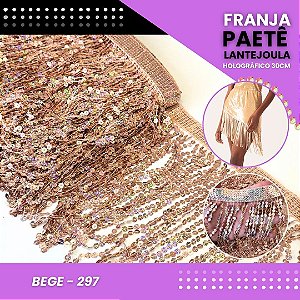 Franja Paetê Lantejoula MOD: 08 - 30cm - Rolo C/ 9.1 Mts COR:BEGE-HOLOGRAFICO-297